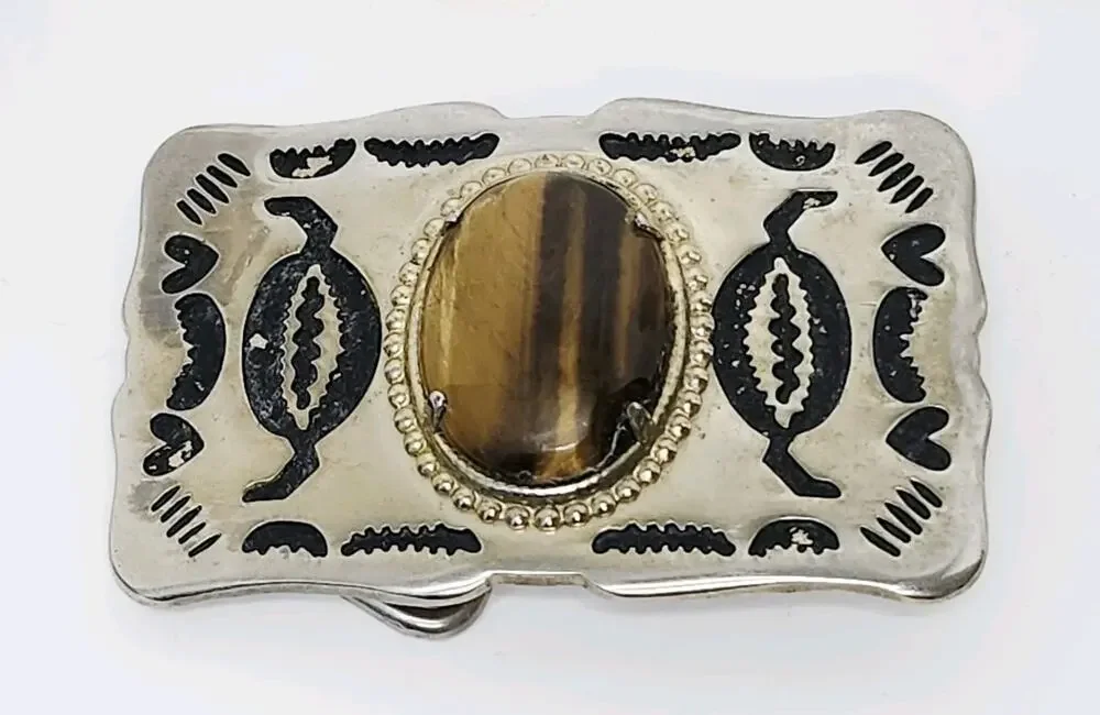 Vintage Southwestern Silver Tone Belt Buckle Genuine Tiger Eye Stone Cabochon